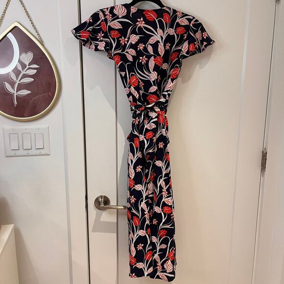 Draper James Black Floral 100% Linen Wrap Midi Dress Size 0 - Picture 2 of 10
